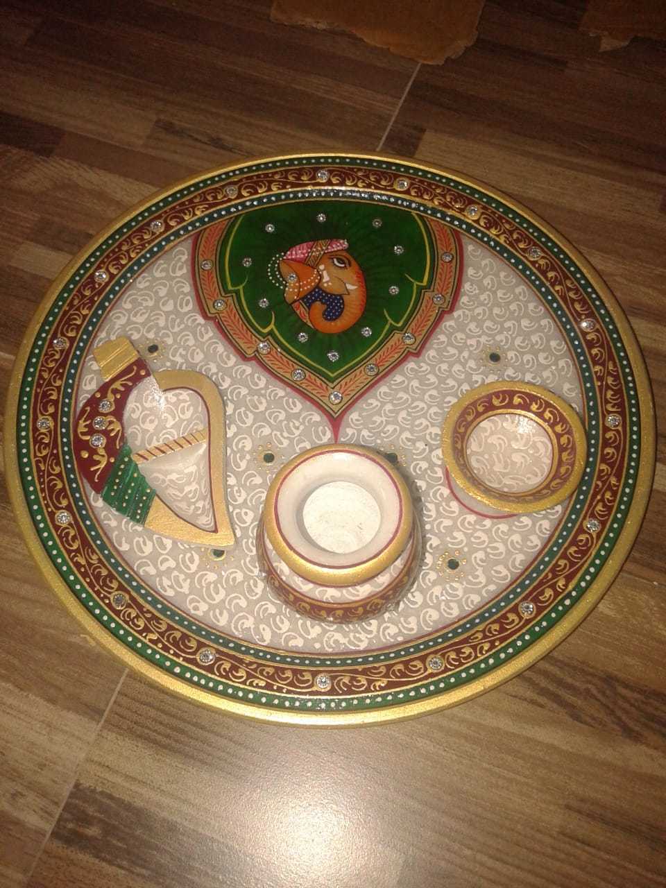 Marble Pooja Thali - 9 Inches Multicolor Marble Thali | Customized With Logo & Packaging, Antique Imitation Style, Ideal For Religious Activities & Home Decoration