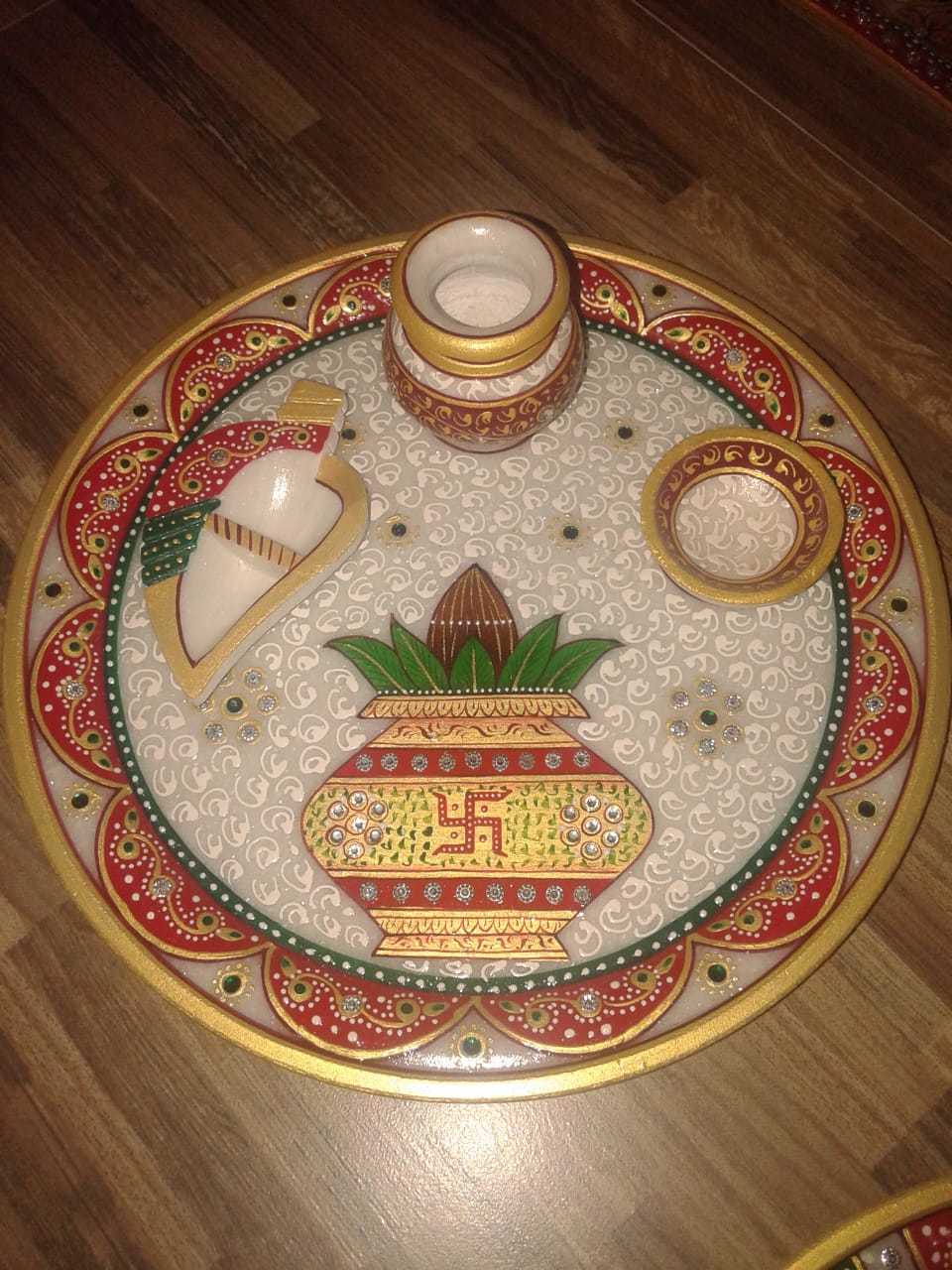 Marble Pooja Thali - 9 Inches Multicolor Marble Thali | Customized With Logo & Packaging, Antique Imitation Style, Ideal For Religious Activities & Home Decoration