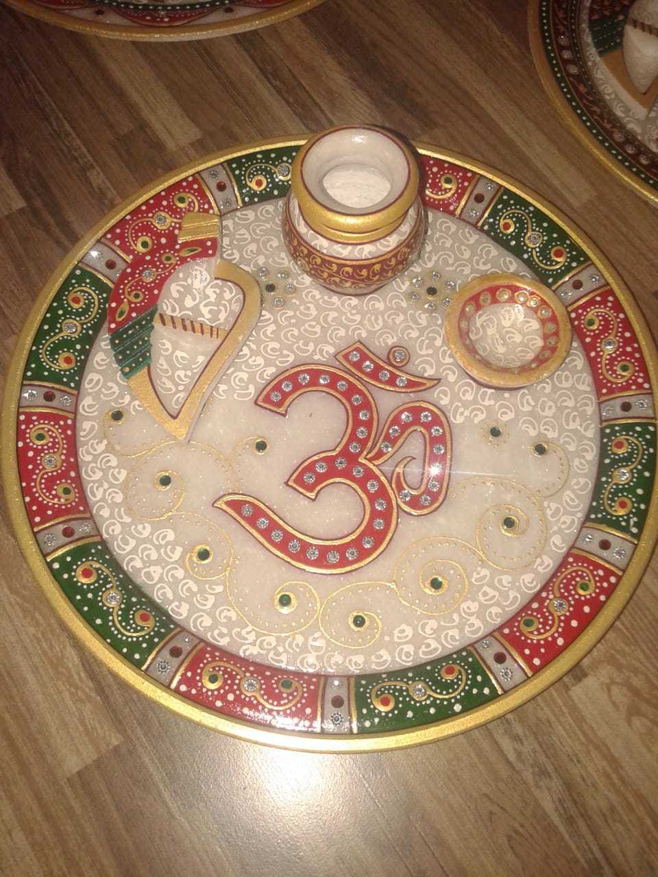 Marble Pooja Thali - 9 Inches Multicolor Marble Thali | Customized With Logo & Packaging, Antique Imitation Style, Ideal For Religious Activities & Home Decoration