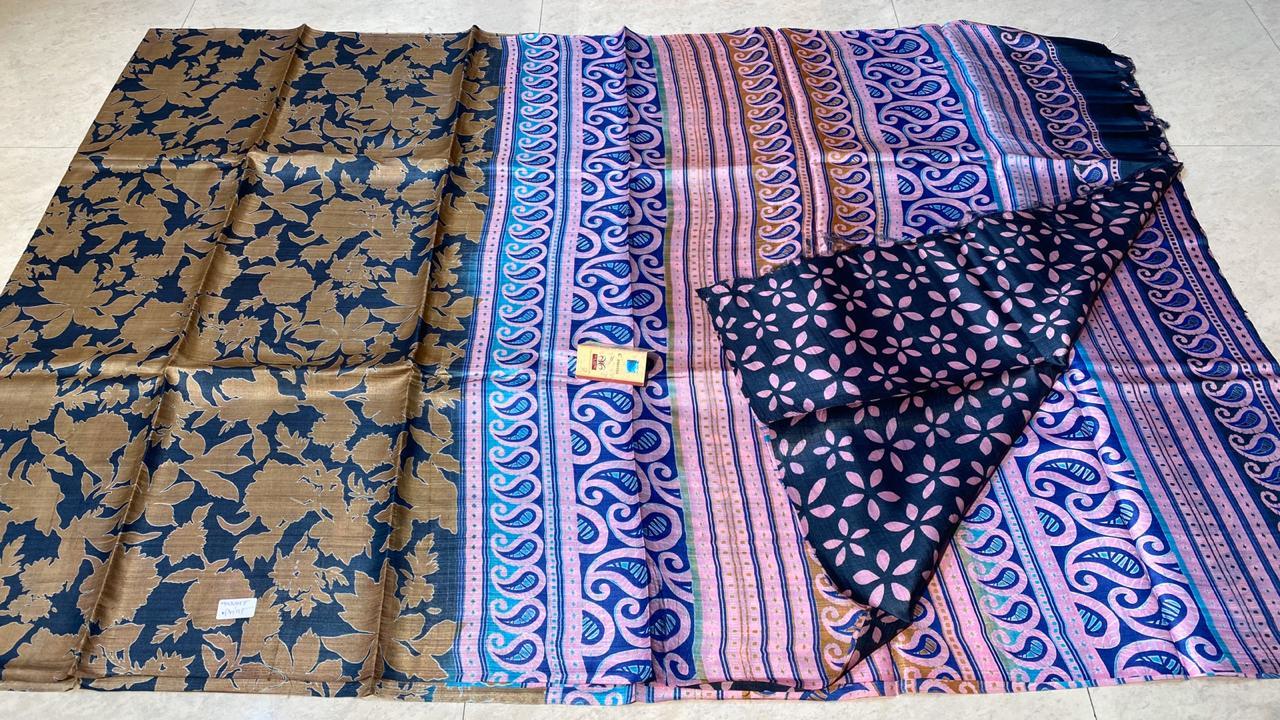 Pure Tussar Silk Block Printed Saree - Elegant Handcrafted Design With Matching Blouse, Ideal For All Seasons