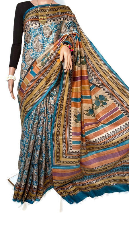 Pure Tussar Silk Block Printed Saree - Elegant Handcrafted Design With Matching Blouse, Ideal For All Seasons