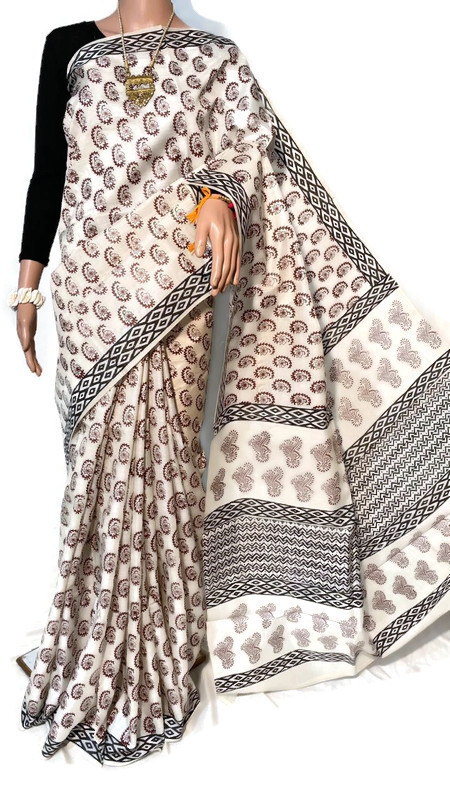 Pure Tussar Silk Block Printed Saree - Elegant Handcrafted Design With Matching Blouse, Ideal For All Seasons