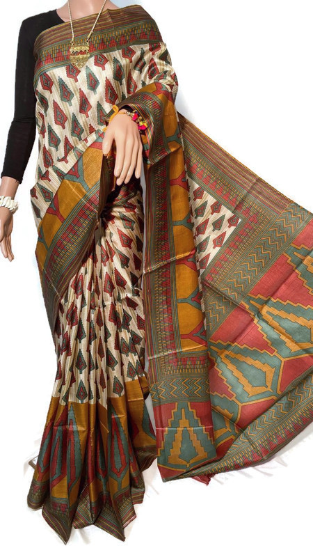 Pure Tussar Silk Block Printed Saree - Elegant Handcrafted Design With Matching Blouse, Ideal For All Seasons