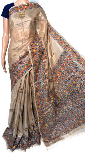 Party Wear Madhubani Hand Painted  On Pure Tussar Silk Saree.