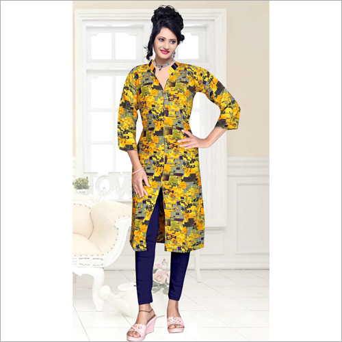Ladies Collar Kurti - Cotton Blend, Sizes M-xxl, Printed Design, Long Sleeves | Features: Dry Clean, No Fade, Quick Dry, Washable, Ideal For All Seasons