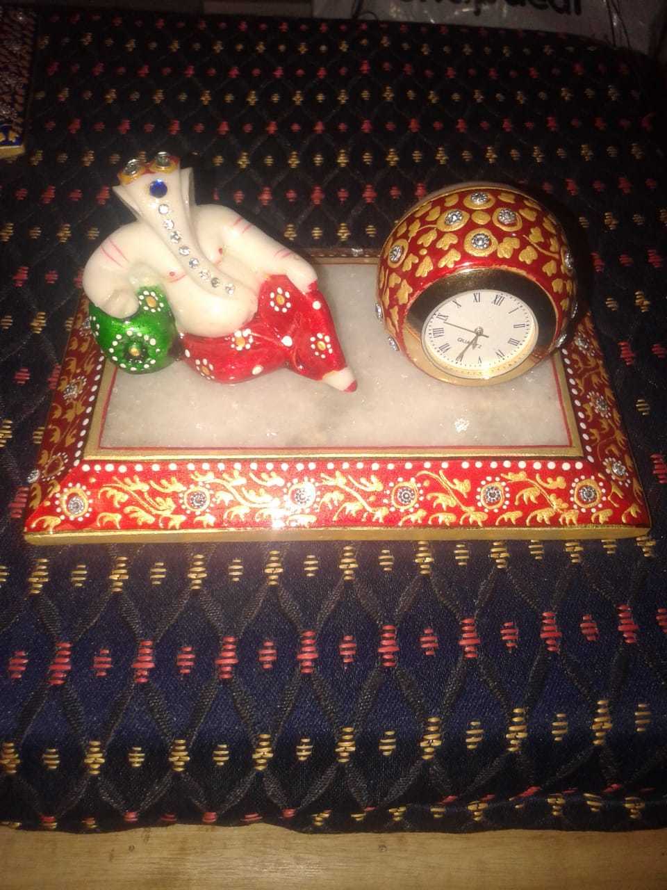 Marble Plate With Ganesha And Ball Clock - Marble, 450 Grams, Multicolor | Customized Color, Logo, Packaging, Antique Imitation Hinduism Theme