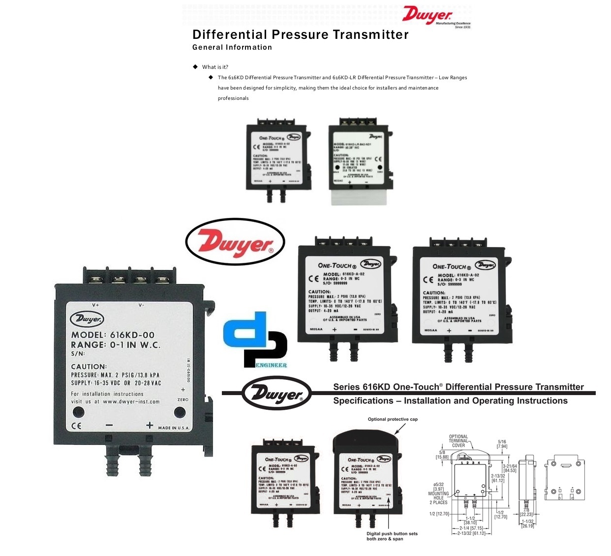 Dwyer 616kd-06-v Differential Pressure Transmitter - Plastic, 2-13/32" X 1-1/32" X 3-21/64", Matte Black | 0-20" W.c., 2% Accuracy, One-touch Digital Calibration, Field Selectable Output Options