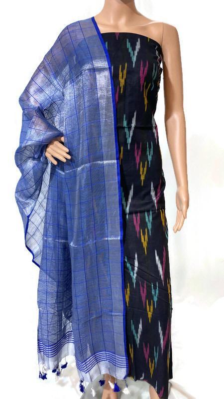 Top- 2.5 Mtrs Ikkat Cotton Dupatta - 2.15 Mtrs Tissue By Linen Suits - Sky Blue, Casual Ethnic Wear, Silk Material, Suitable For All Seasons