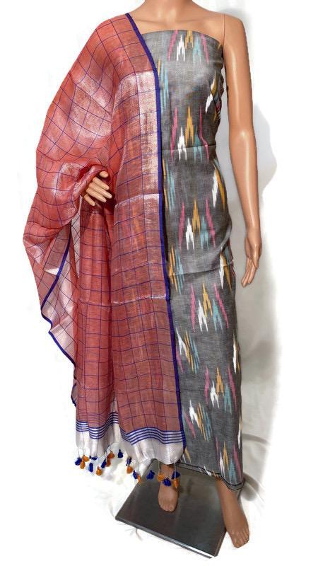 Top- 2.5 Mtrs Ikkat Cotton Dupatta - 2.15 Mtrs Tissue By Linen Suits - Sky Blue, Casual Ethnic Wear, Silk Material, Suitable For All Seasons