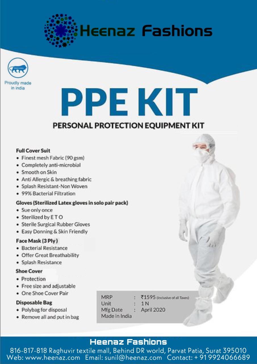 Branded Ppe Kit - Non-woven Fabric 90 Gsm With 3 Ply Face Mask, Free Size, Warranty Included, Hand Gloves, Shoe Cover, Waste Disposal Bag