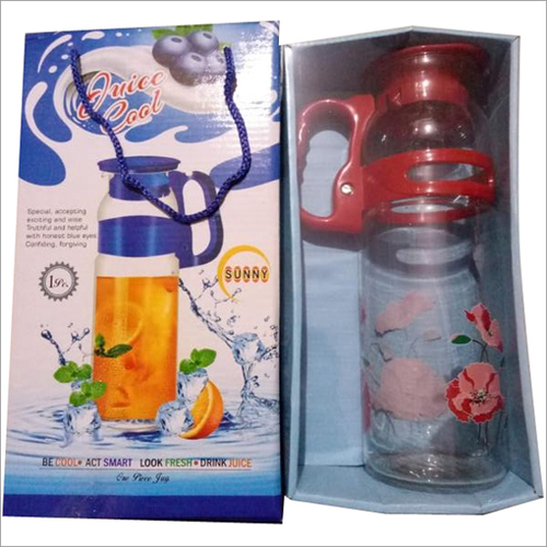 1 Pc Juice Jug - Glass, 500 Ml Capacity, Round Shape, Printed Design | Packaged in Box