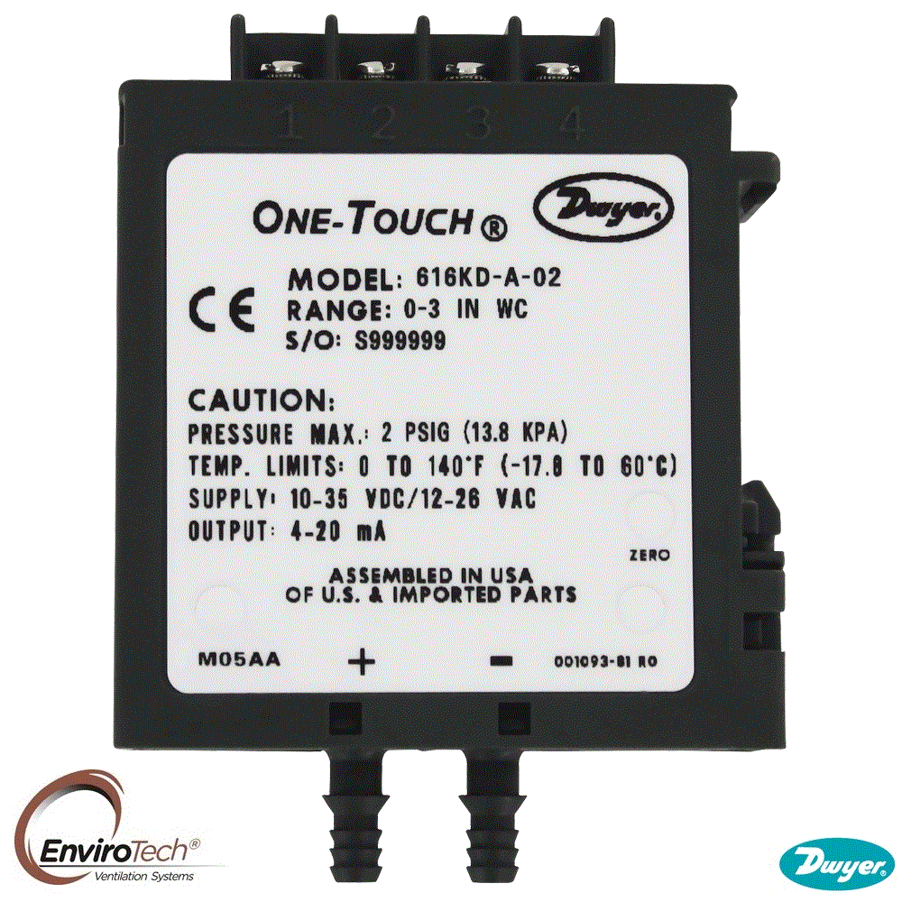 Dwyer 616kd-a-06 Differential Pressure Transmitter - Air, 0-20.00" Wc, +/-0.25% Accuracy, 4-20 Ma Output, Din Rail Mount, Compatible With Non-combustible Gases