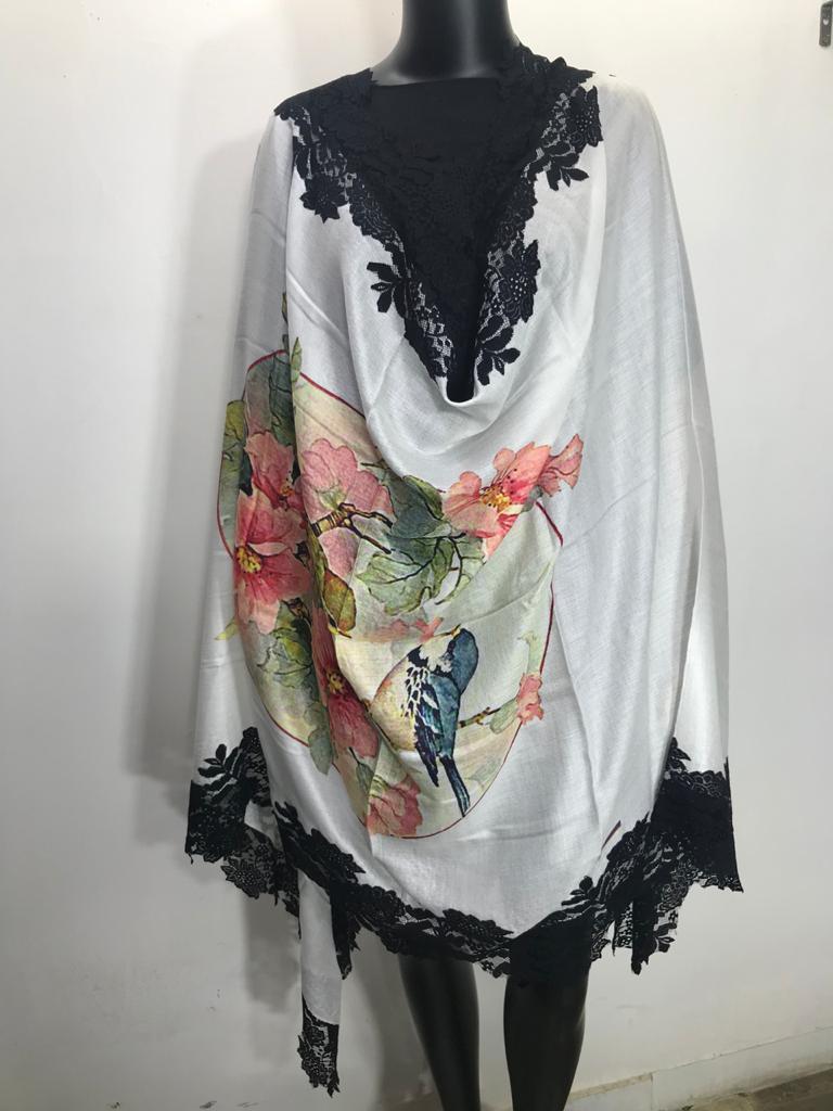 Machine Made Pashmina Printed Lace Stole