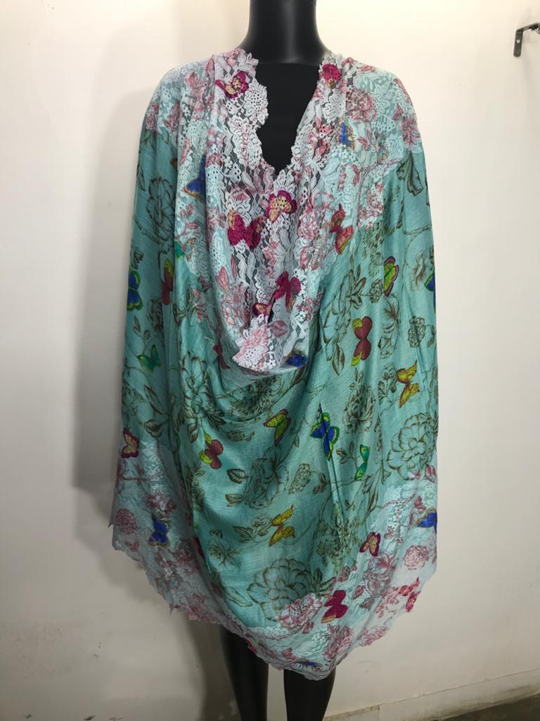 Machine Made Pashmina Printed Lace Stole