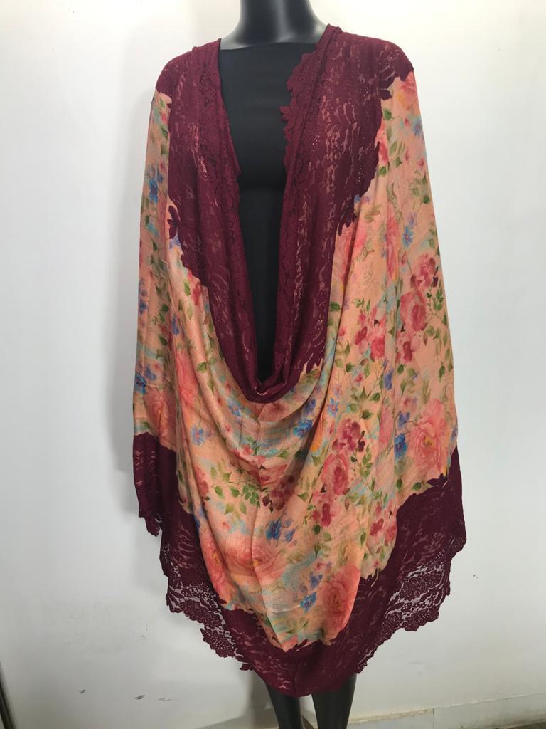 Machine Made Pashmina Printed Lace Stole