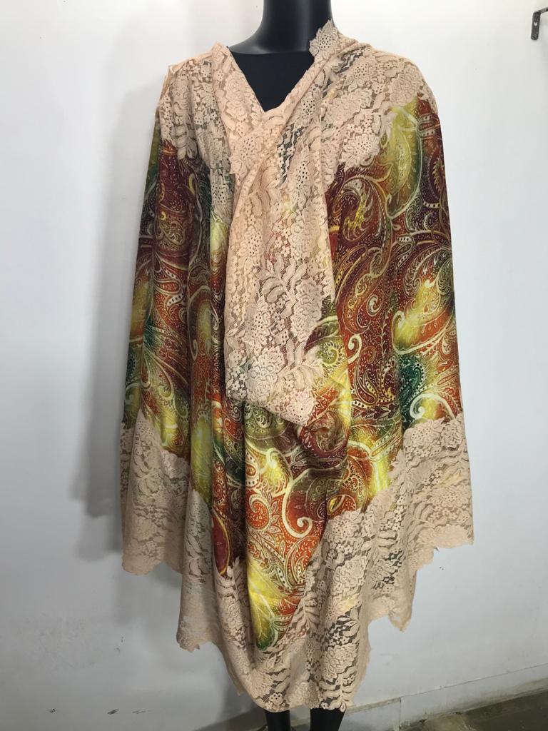 Machine Made Pashmina Printed Lace Stole