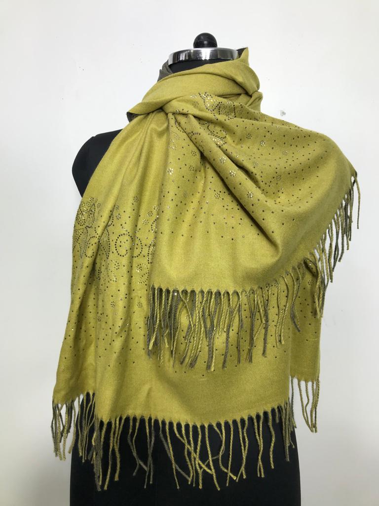 Machine Made Natural Pashmina With Crystal Border Stole , Size-70x200cm
