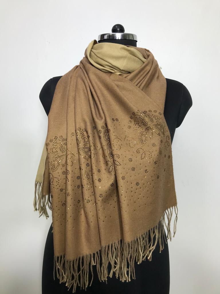 Machine Made Natural Pashmina With Crystal Border Stole , Size-70x200cm