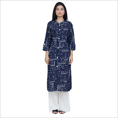 Ladies Kurta With Palazzo Set - Cotton Blend, Sizes S-xxl, Blue-white Color | Trendy Full Sleeves Design, All-season Casual Elegance