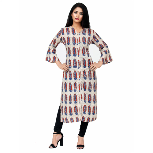 Ladies Printed Kurti - Cotton Blend, Sizes: S-XXXL, Color: Blue & White | Features: Quick Dry, Washable, No Fade, 3-4th Sleeve, Modern Ethnic Style