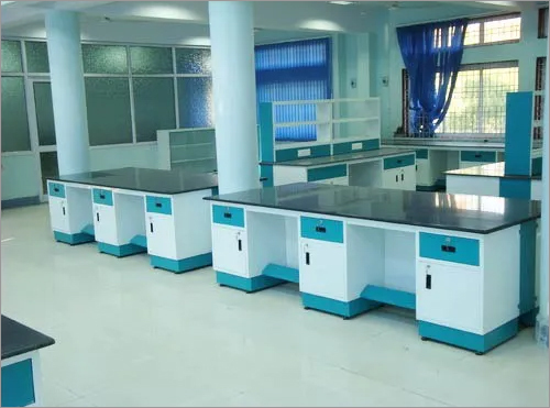Modular Lab Furniture - Metal and Wood, Customizable Height and Width, White and Blue Color, Ergonomic Design, Durable and Spacious Features
