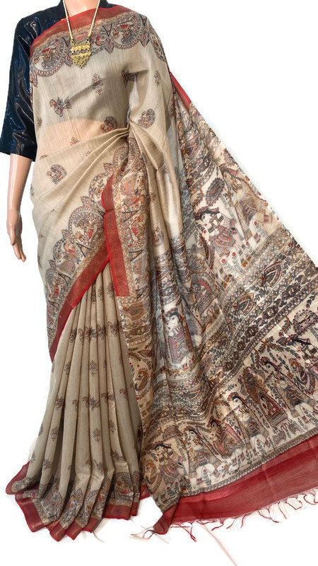 Pure Munga Tussar Silk Sarees, With Madhubani Print - Silk Material, Casual Wear, Woven Pattern | Suitable For Rainy, Spring, Summer, And Winter Seasons