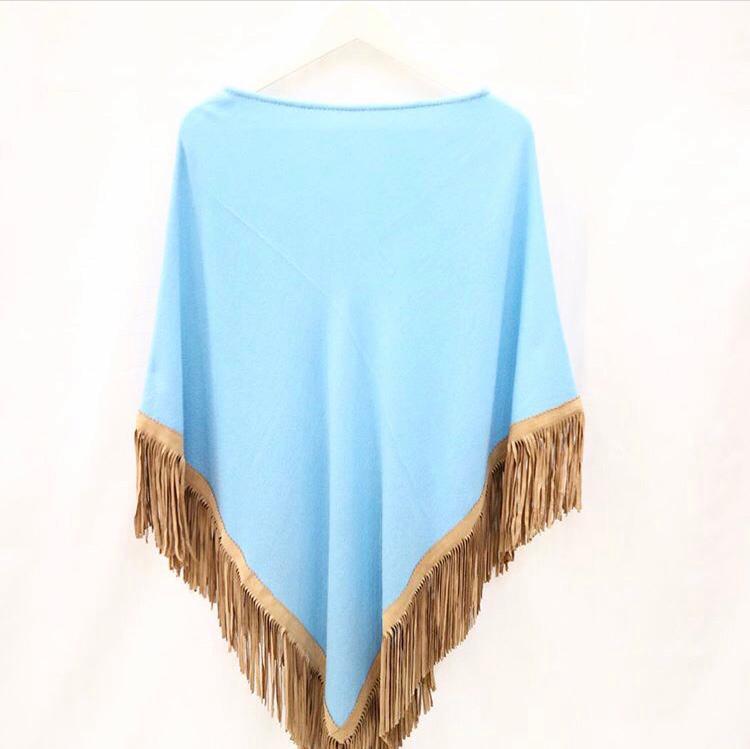 All Color Cashmere Knitted Poncho With Leather Suede Tussle Or Fringes Poncho