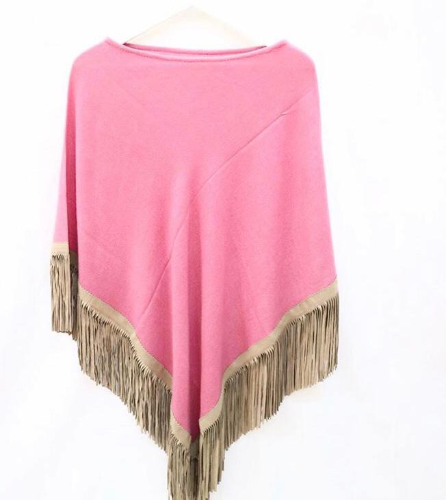 All Color Cashmere Knitted Poncho With Leather Suede Tussle Or Fringes Poncho