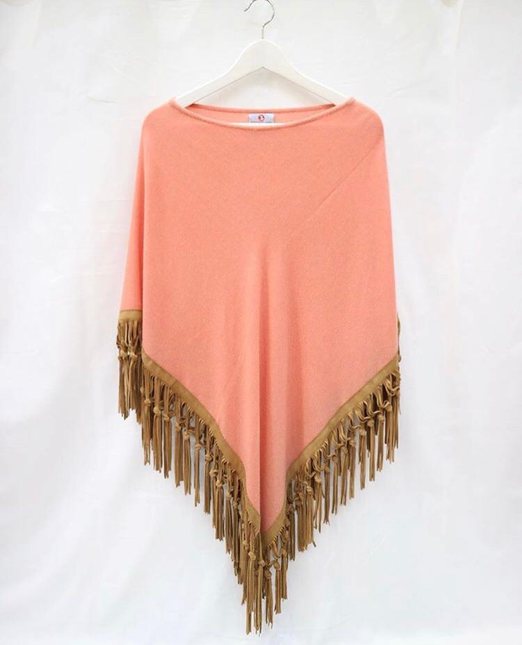 All Color Cashmere Knitted Poncho With Leather Suede Tussle Or Fringes Poncho