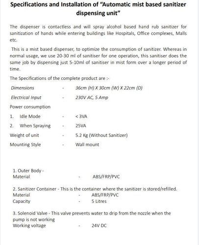 White Oak Mist Automation Mist Based Sanitizer Dispenser Unit