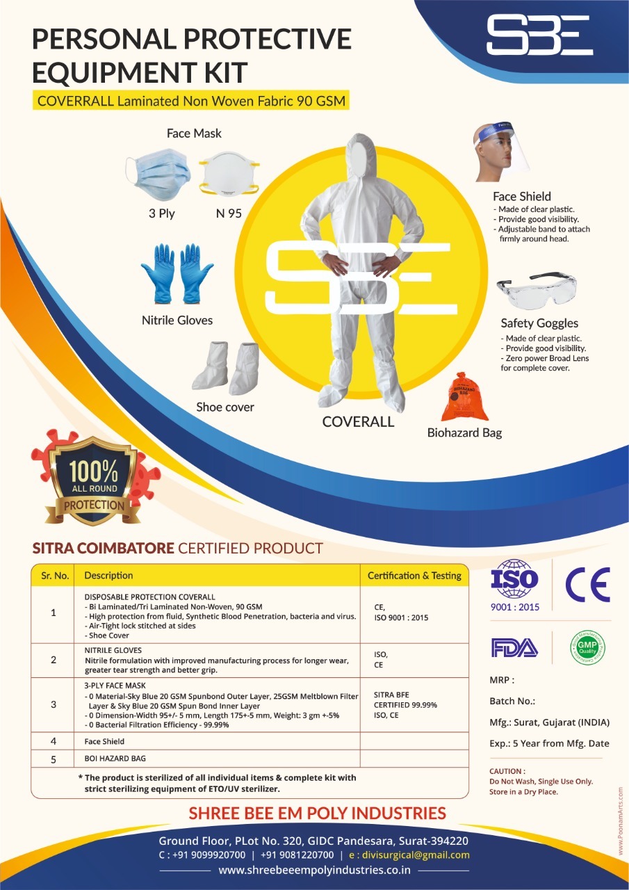 Ppe Kit - Medical Blue Disposable Gown, Sterilized, Waterproof, Recyclable, A+ Sitra Certified, Fit To Body Length, Woven Style, Square Shape