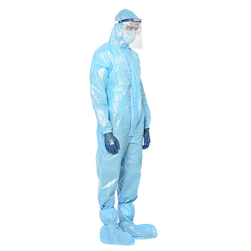 Blue Disposable Coverall With Face Shield And Goggles