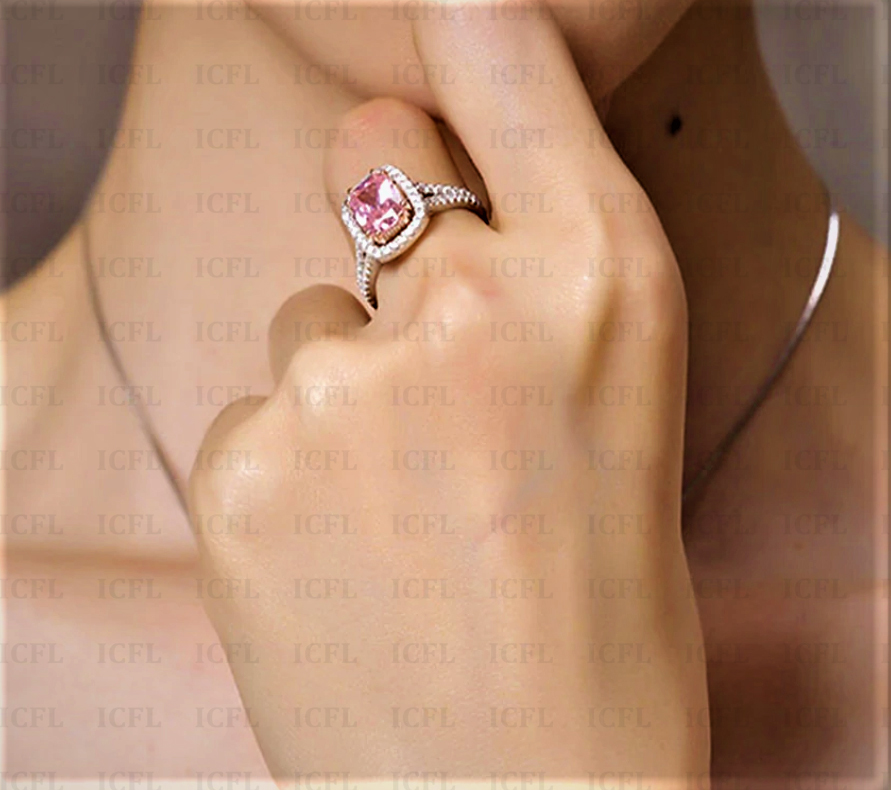 Radiant Cut Pink Simulated Diamond Halo Engagement 925 Sterling Silver Ring Gender: Women