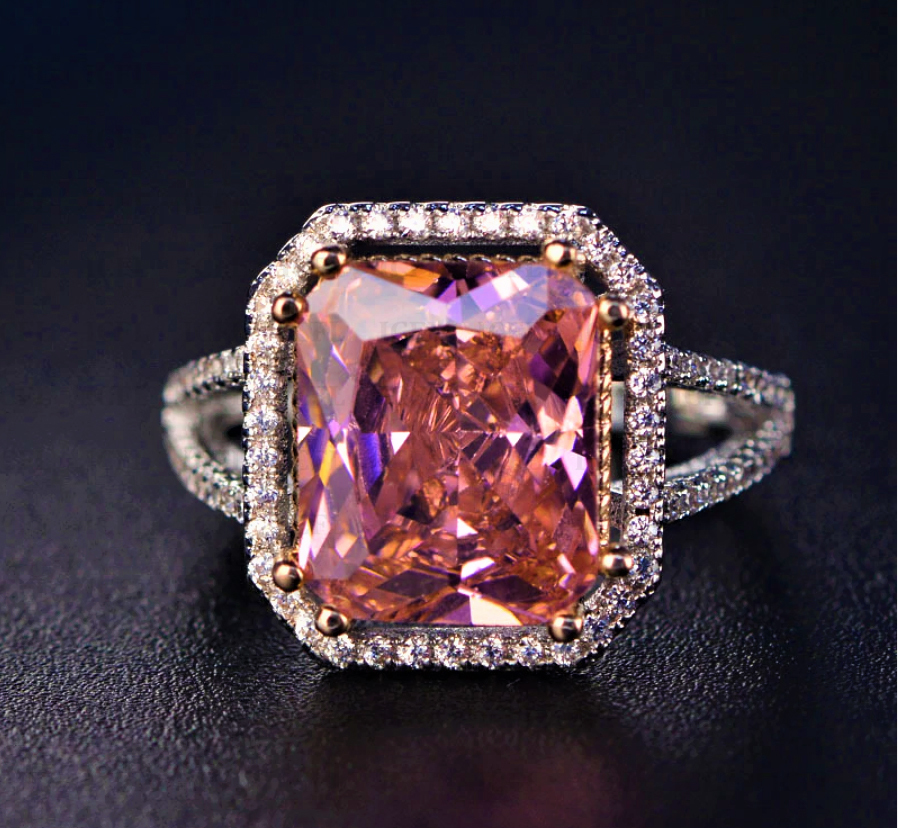 Radiant Cut Pink Simulated Diamond Halo Engagement 925 Sterling Silver Ring Gender: Women