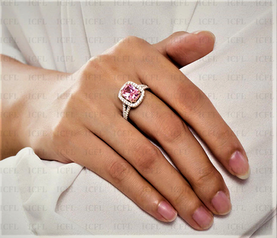 Radiant Cut Pink Simulated Diamond Halo Engagement 925 Sterling Silver Ring Gender: Women