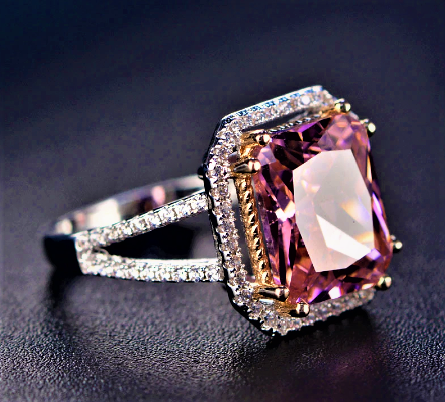 Radiant Cut Pink Simulated Diamond Halo Engagement 925 Sterling Silver Ring Gender: Women