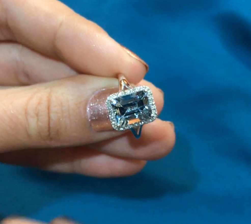 Emerald Cut Aquamarine Halo Engagement Ring 925 Sterling Silver Ring Gender: Women