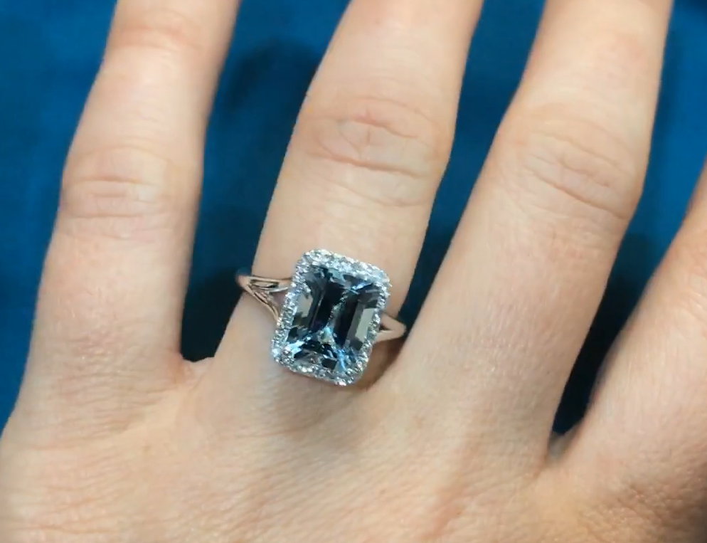 Emerald Cut Aquamarine Halo Engagement Ring 925 Sterling Silver Ring Gender: Women