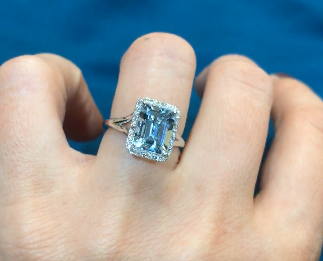Emerald Cut Aquamarine Halo Engagement Ring 925 Sterling Silver Ring Gender: Women