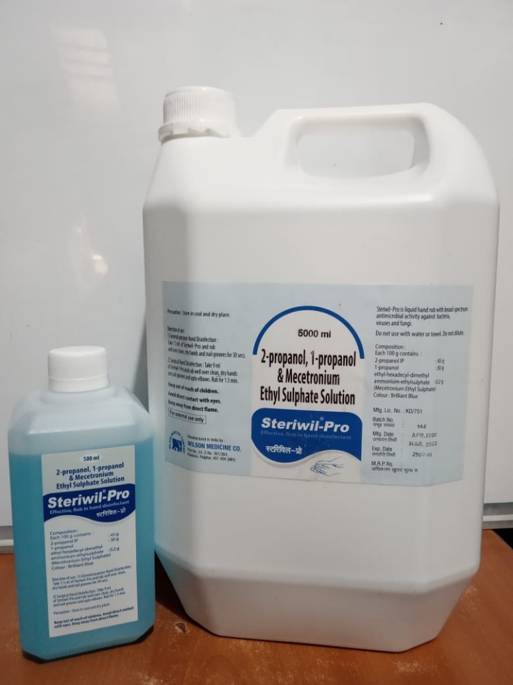 Steriwil Pro Hand Sanitizer - Alcohol Based Liquid, 1-propanol & 2-propanol Blend, Blue Color | Effective Against Covid, Contains Mesotronium Ethyl Sulphate