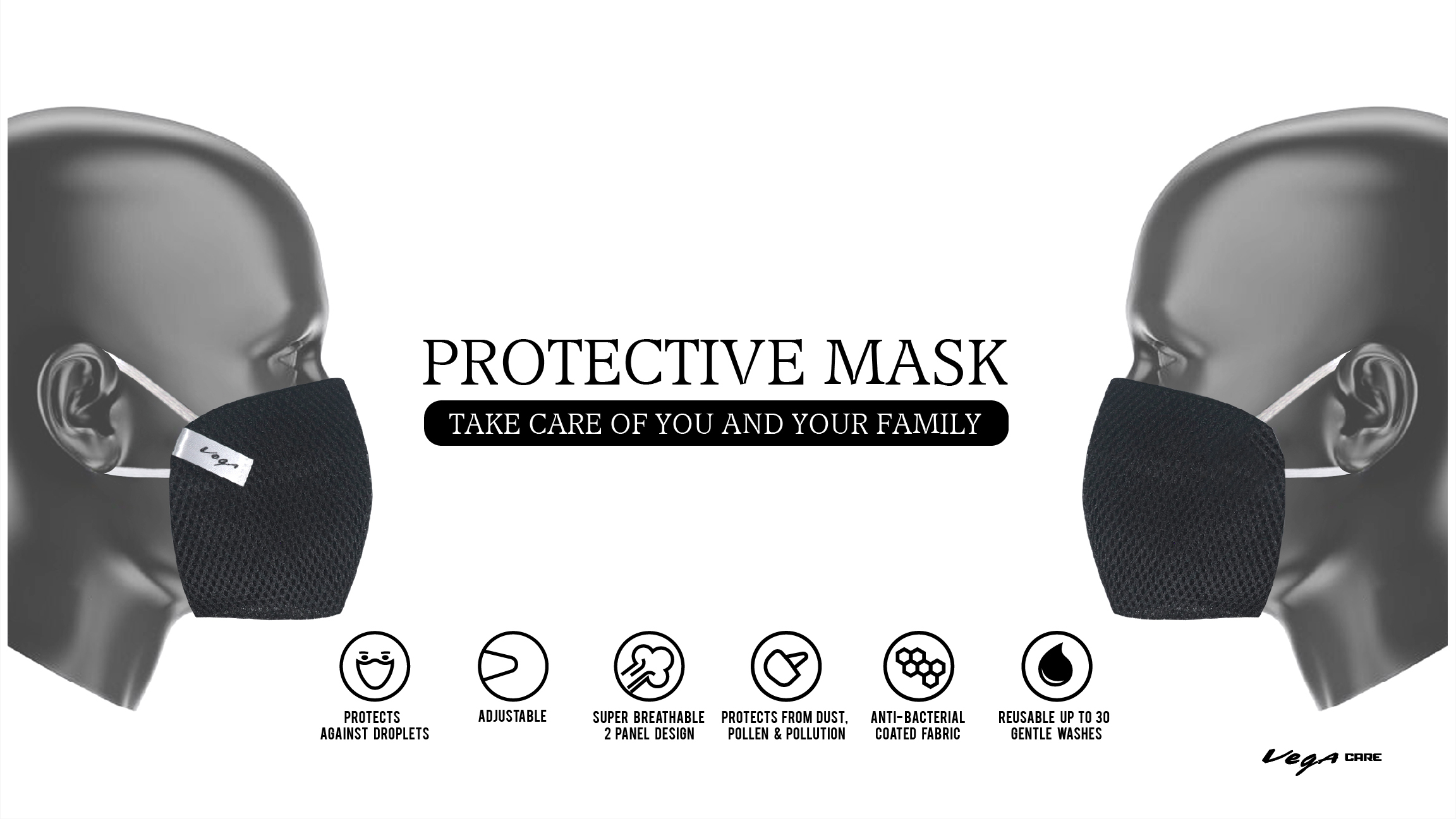 Protective Mask - Anti-bacterial Fabric, Super Breathable 2-panel Design, Black, Reusable Up To 30 Gentle Washes