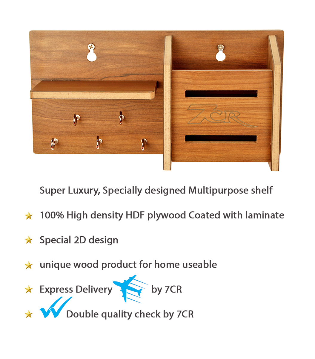 Mulitpurpose Key Holder - Hdf Wood, 9.9x6 Inch, Brown | 5 Hooks, Wall Mounted, Rectangular Design With Space For Small Decor Items