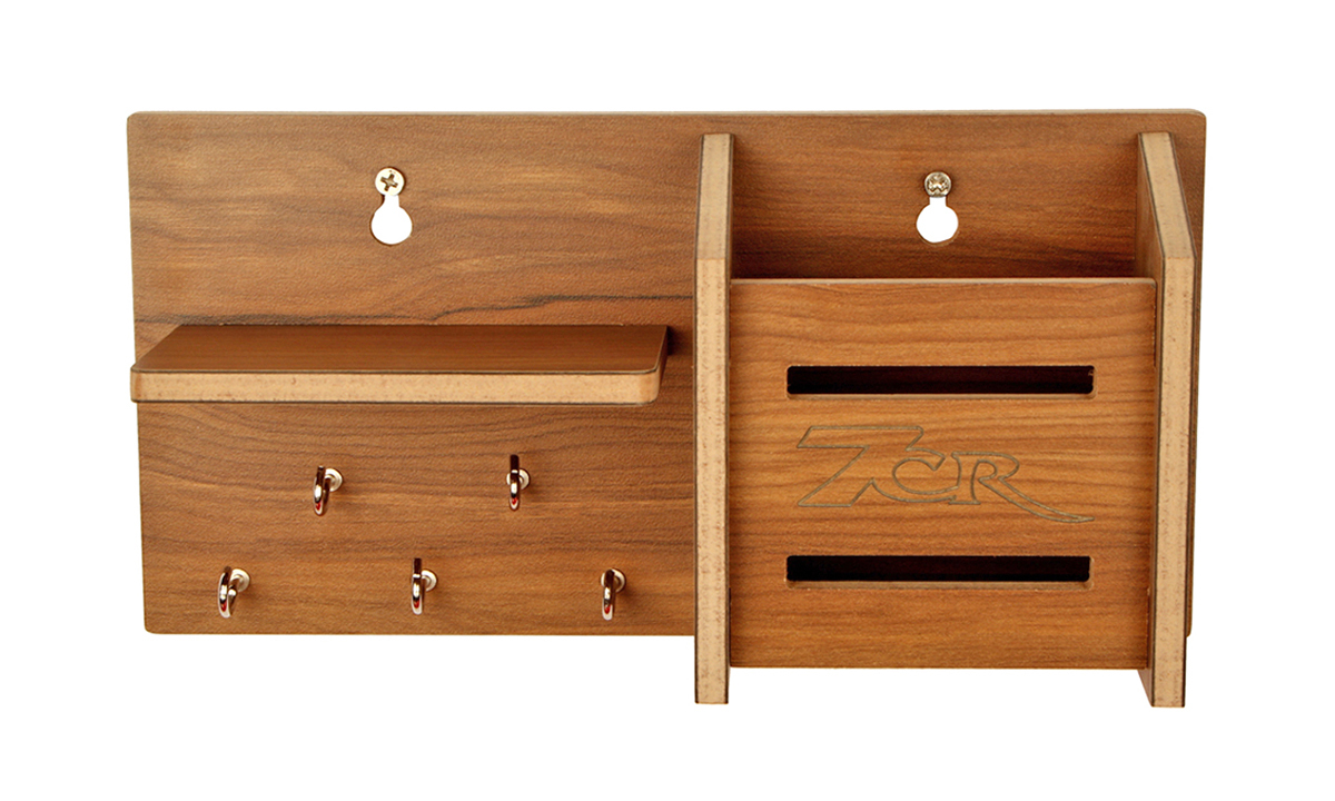 Mulitpurpose Key Holder - Hdf Wood, 9.9x6 Inch, Brown | 5 Hooks, Wall Mounted, Rectangular Design With Space For Small Decor Items