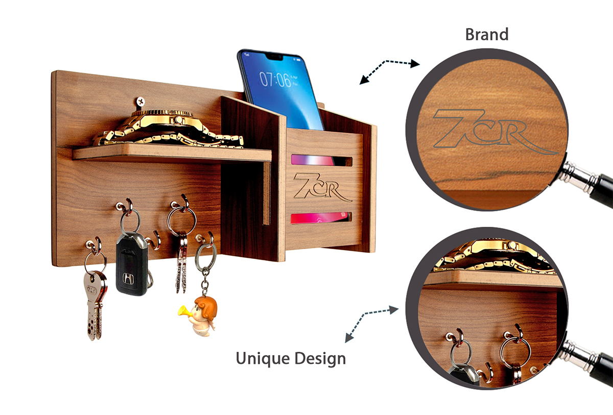 Mulitpurpose Key Holder - Hdf Wood, 9.9x6 Inch, Brown | 5 Hooks, Wall Mounted, Rectangular Design With Space For Small Decor Items