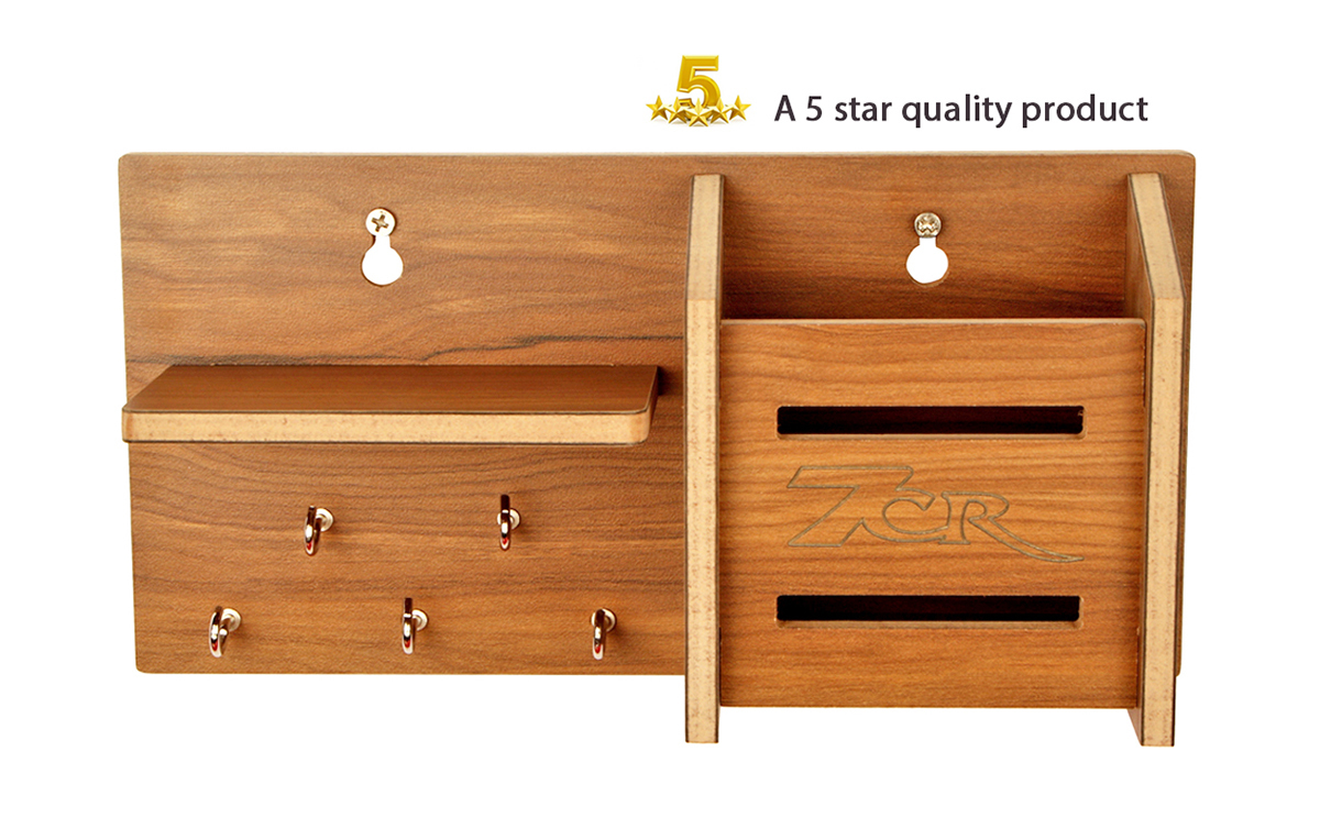 Mulitpurpose Key Holder - Hdf Wood, 9.9x6 Inch, Brown | 5 Hooks, Wall Mounted, Rectangular Design With Space For Small Decor Items