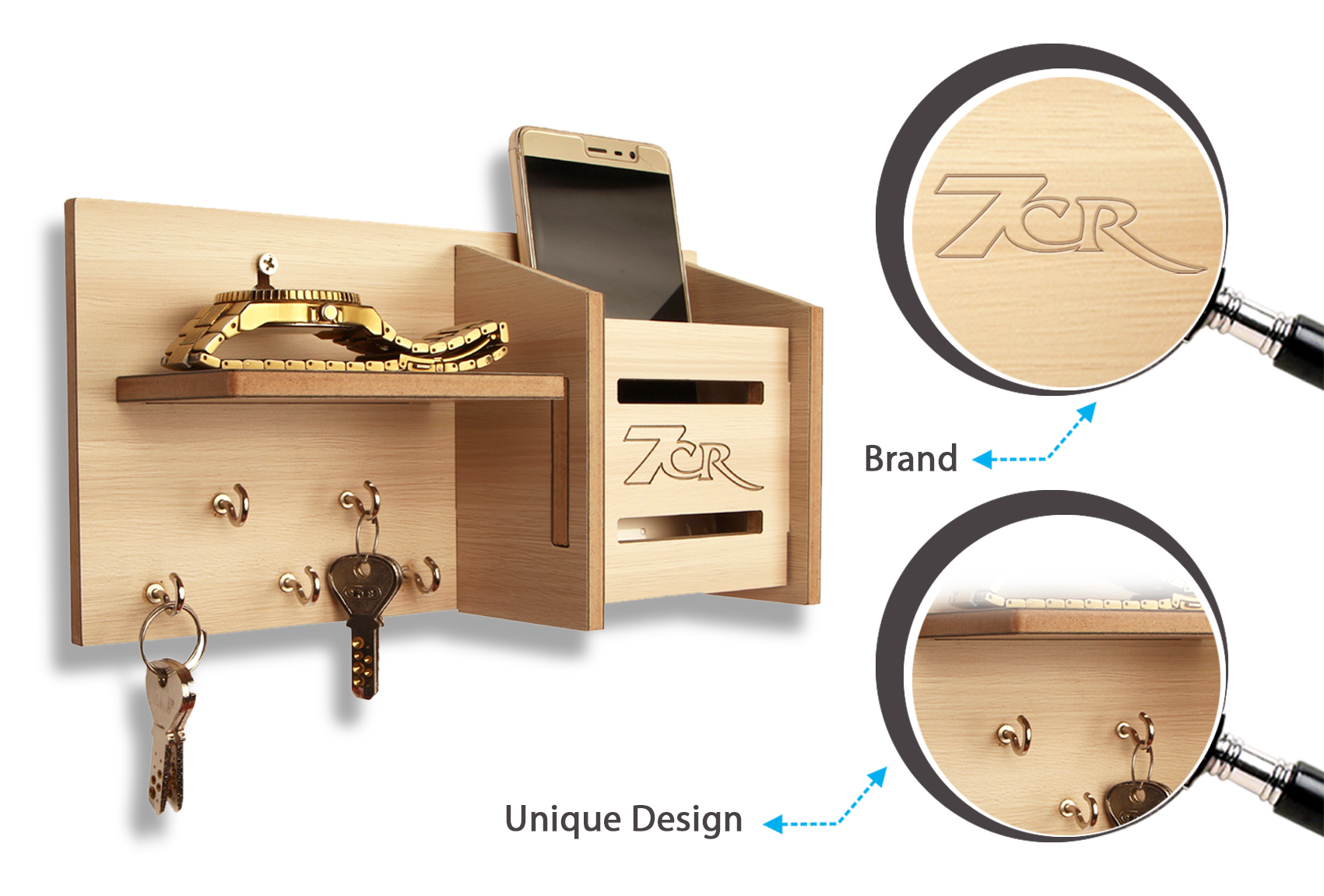 Designer Key Holder - Wood | High Strength, Multi-key Organization, Wall-mountable Design For Effortless Key Management