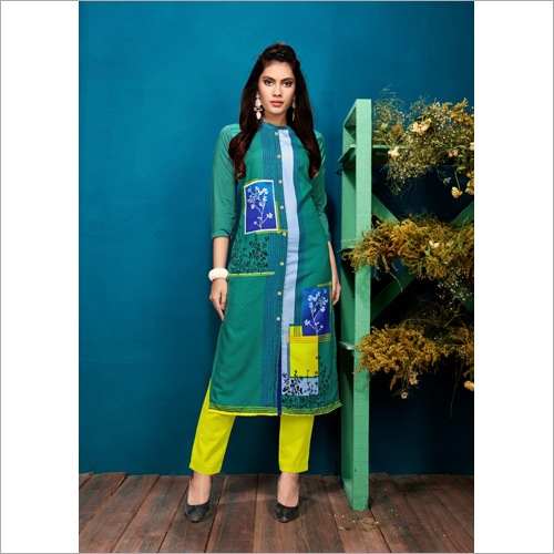 Ladies Printed Kurti - Cotton, L/XL/XXL/XXXL Sizes | Green, Long Sleeve, Washable, Quick Dry, No Fade, Suitable for All Seasons