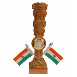 Wooden Table Top With Flag Pen Holder And Ashoka Pillar