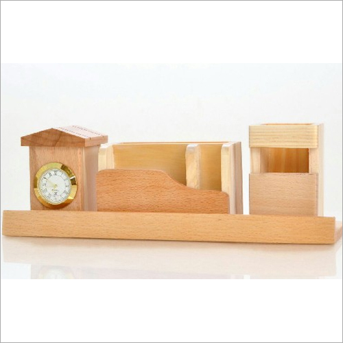 Wooden Table Top With Clock Pen Holde
