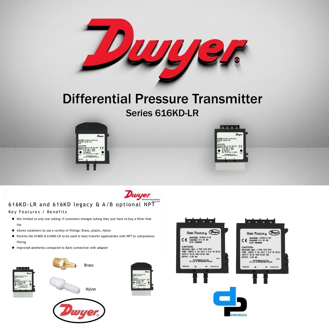 Dwyer Instruments Differential Pressure Transmitter - 0-25.00" Wc, 2.00% Accuracy, Black Plastic, One-touch Calibration, Din Rail Mount